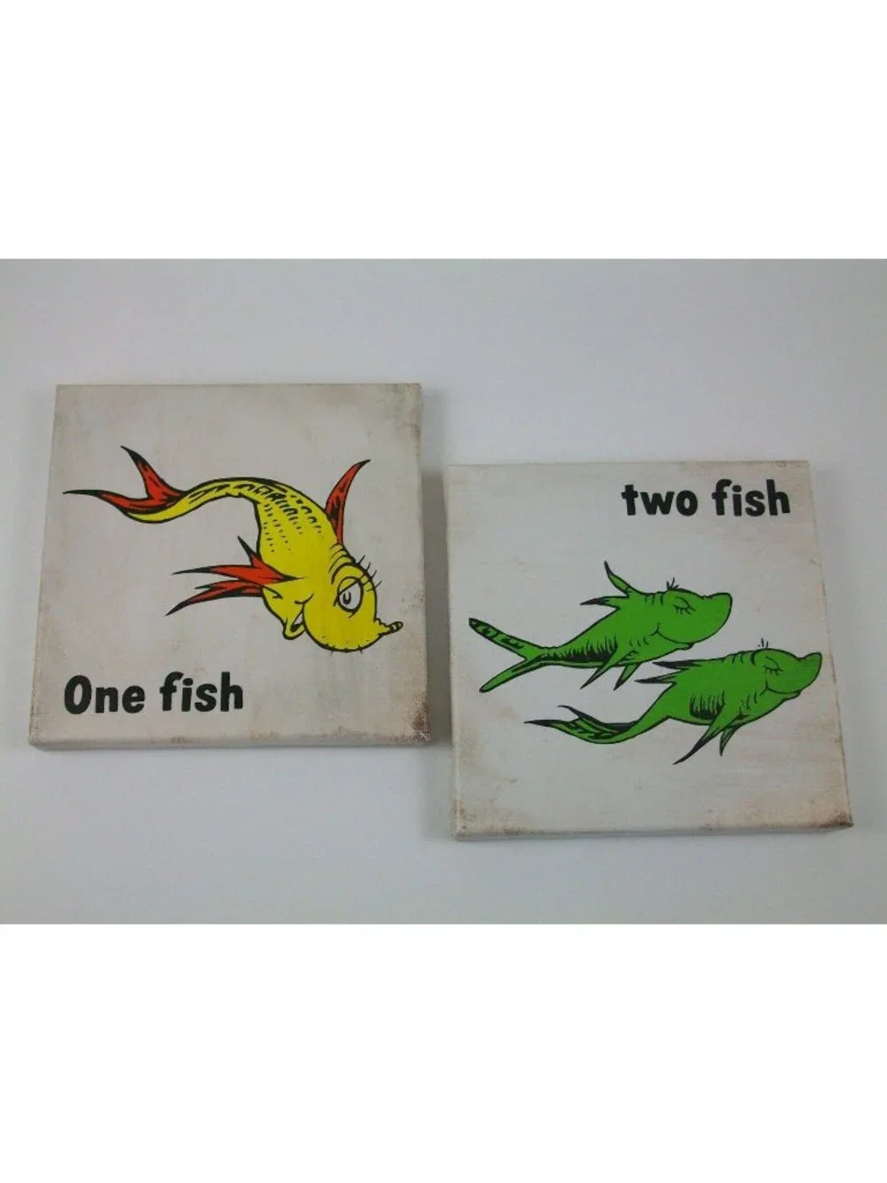 Dr Seuss 8X8 Canvas Wall Art Set One Fish Two Print Nursery Rhyme Yellow Green